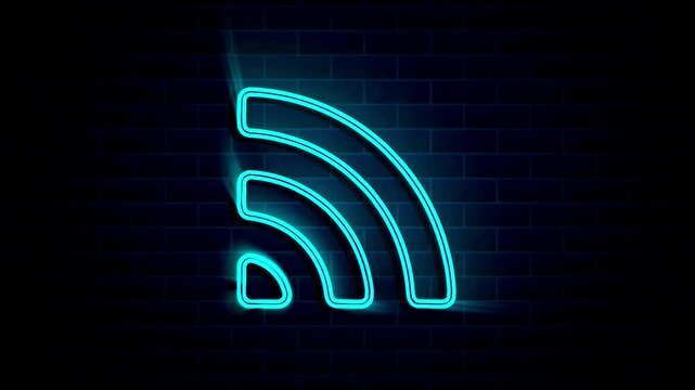 Blue neon rss feed symbol glowing on dark brick wall background.