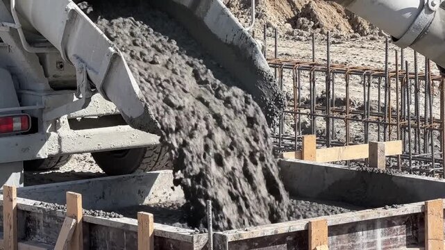 Concrete truck chute dynamically pours wet cement mixture into foundation formwork on a busy construction site