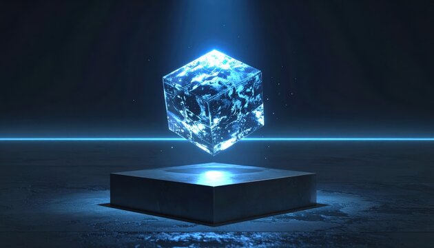 Luminous crystalline data cube emanating soft blue light, suspended above a dark polished surface
