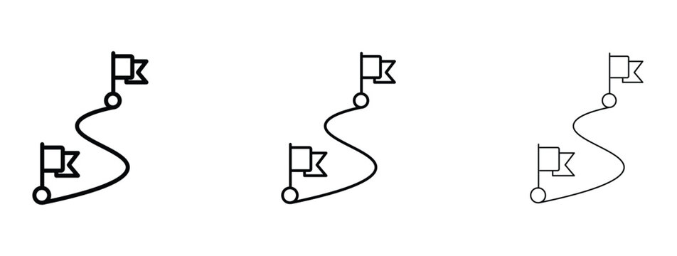 Minimalist roadmap icon set with flags, winding path line vector, progress and goal achievement symbols in three stroke weights