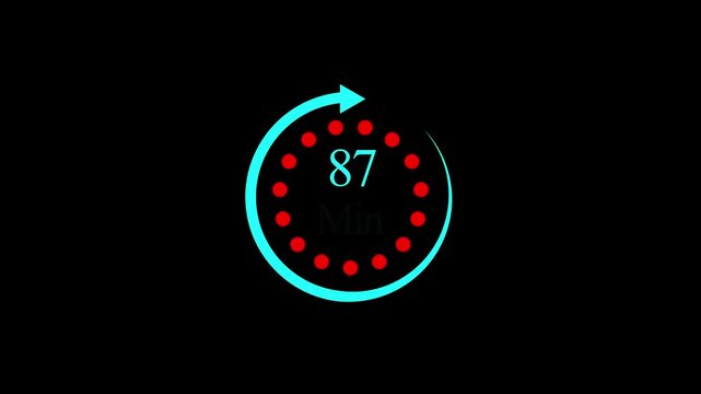 White color circle arrow refresh icon and 87 min timer icon.minutes stopwatch icon. Stopwatch icon in flat style.