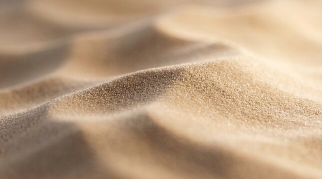 A high-detail, macro close-up of golden beach sand dunes with soft, warm sunset lighting creating elegant curves and textures.