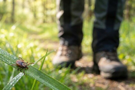 Tick on a blade of grass with a hiker&rsquo;s boots blurred in the background, highlighting outdoor pest and Lyme disease risk