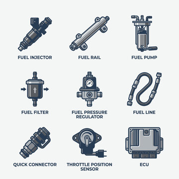 Automotive Fuel System Components Collection Vector Illustration.
