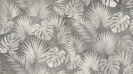 Vintage tropical leaf pattern on concrete texture, monochrome palm and monstera foliage wallpaper, grey botanical background for interior design © T_H_E_A_R_T_I_S_T