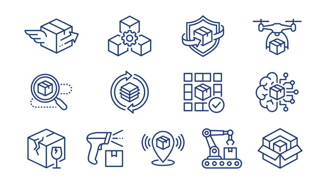 Set of blue line icons depicting various aspects of logistics and delivery services efficiently  fast and secure