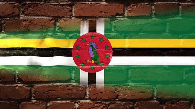 Dominica Flag on Brick Wall Texture Background.