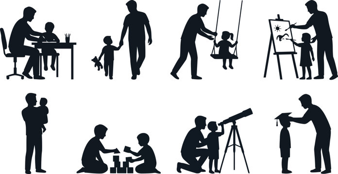 Father and child daily lifestyle silhouettes set, dad parenting collection with homework, walking, swinging, painting, carrying baby, building blocks, stargazing, and graduation, isolated vector icons