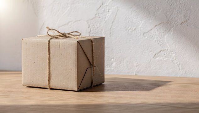 Rustic brown cardboard gift box tied with twine on a wooden desk under morning sunlight.