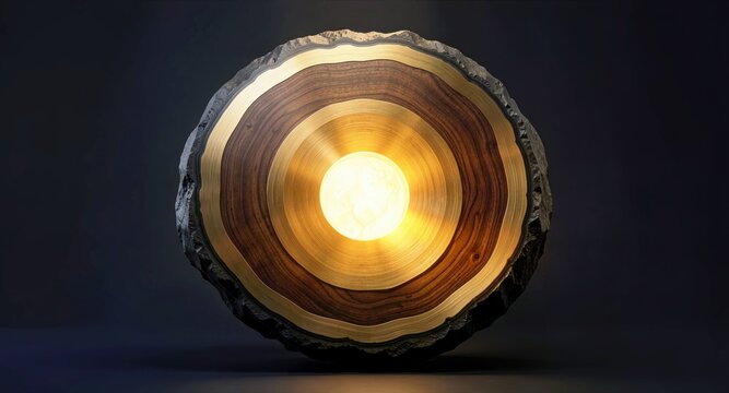 Abstract circular wooden cross section showing concentric rings with a glowing golden core.

