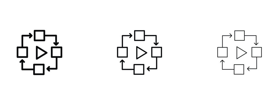 Minimalist workflow automation icon set, digital process cycle vector symbols, linear business sequence diagrams with play button and arrows