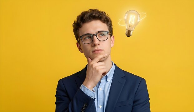 A thoughtful young man in glasses has a bright idea, visualized by a glowing lightbulb above his head