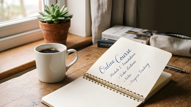 Handwritten journal entry with coffee cup and cactus on wooden table in warm sunlight
