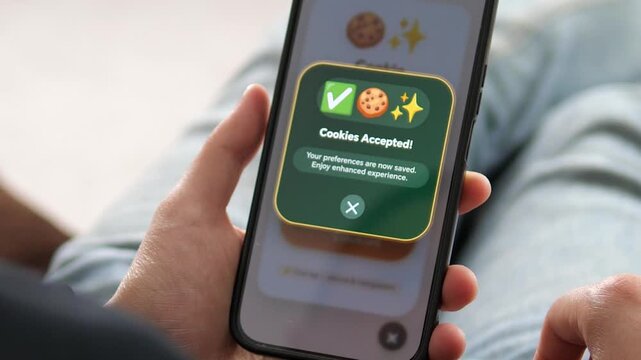 Close-up of a hand holding a phone with a Cookies Accepted notification. Modern UI design for web browsing and user data consent. Ideal for digital marketing, software development, and online privacy