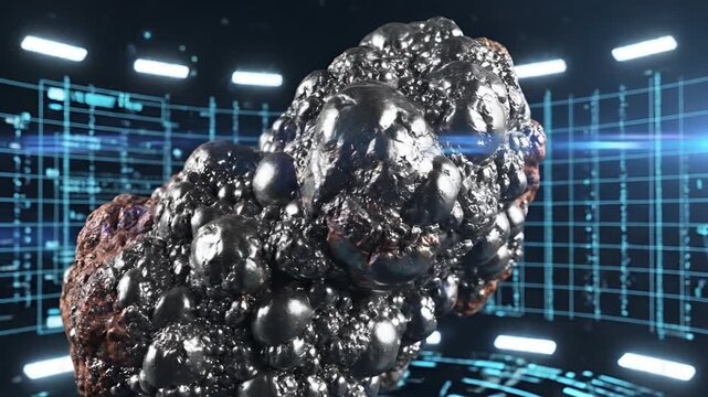 Futuristic Metallic Asteroid in Digital Grid Environment.