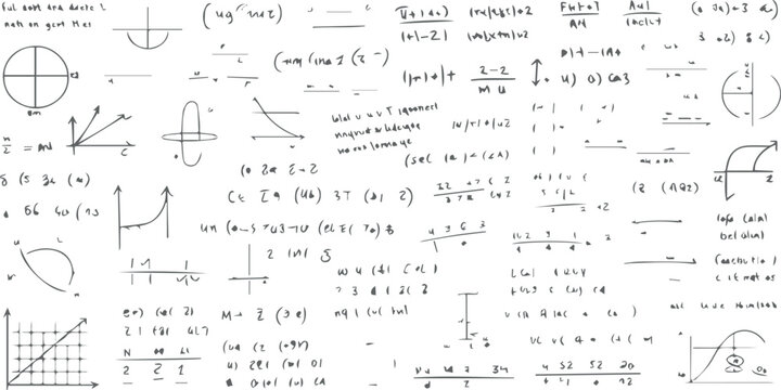 An old school blackboard pattern featuring hand-drawn numbers, math formulas, and musical notes from a classical sheet music composition book