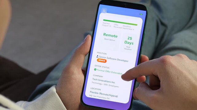 Modern professional viewing a lucrative job offer at home. Detailed UI showcasing annual salary and compensation package. Great for fintech, educational success stories, and modern lifestyle content