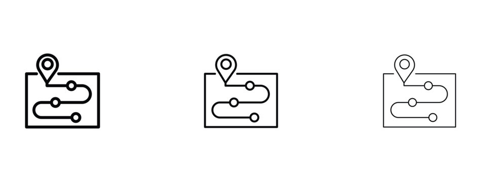 Minimalist map route icons with pin markers, navigation path line symbols in three stroke weights, travel direction vector set for UI design