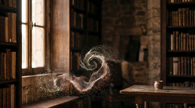 Mystical swirling energy emanates from an open antique window within a dimly lit room filled with old bookshelves and aged wooden furniture creating a magical ambiance and a sense of ancient
