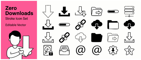 Fototapeta premium Download icon vector set outline for interface design web storage file transfer and modern data transfer concept, minimalist line graphic element pack in black and white style with editable strokes.