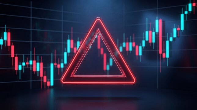 A glowing red neon warning triangle floating in front of a digital financial stock market chart with candlestick data, representing market volatility and risk.