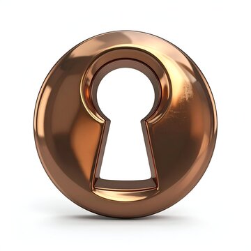 Close-up of a shiny bronze keyhole on a white background.