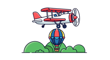 A biplane flies over a hot air balloon and a green, hilly landscape, representing adventure and exploration © Beny Qurdy
