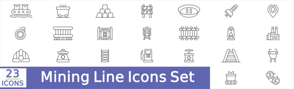  Mining Line Icons Set featuring coal, extraction, industry, machinery, Torch, Mining Saw and Minerals icons. Editable Stroke icon collection Outline icon