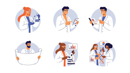 Fototapeta premium Set of diverse scientists and researchers working in laboratories, conducting experiments, and analyzing data, representing scientific innovation and discovery.