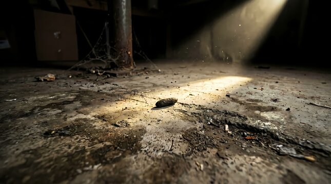 Sunlight streams through a dusty neglected basement illuminating forgotten debris on a weathered concrete floor creating a dramatic atmosphere and highlighting the textures of decay