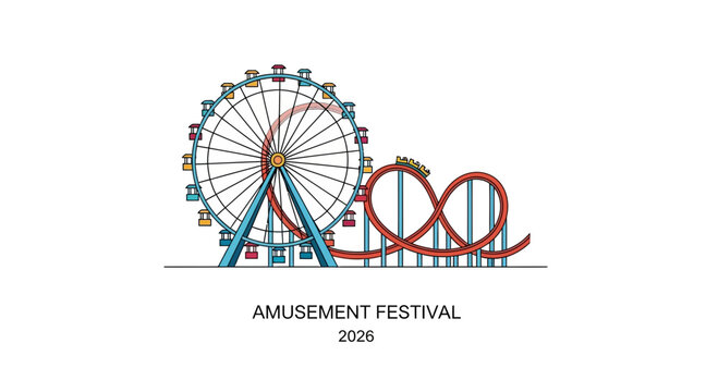 Amusement Festival 2026 Poster with Ferris Wheel and Roller Coaster Illustration