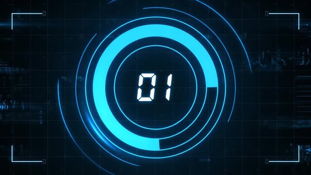 Futuristic glowing blue digital countdown clock displaying progressive numbers on a dark technological grid system interface
