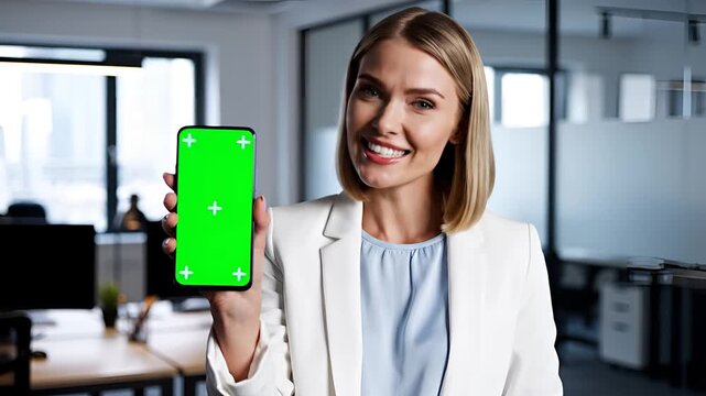 Smiling businesswoman holding a smartphone with a green screen in an office setting.