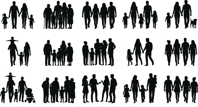 Big set of family silhouettes with parents holding hands with kids grandparents walking together baby stroller and pet dog