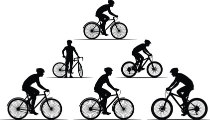 Obraz premium Cyclist vector silhouette set featuring professional bicycle riders commuting mountain biking and racing with helmets on isolated white background