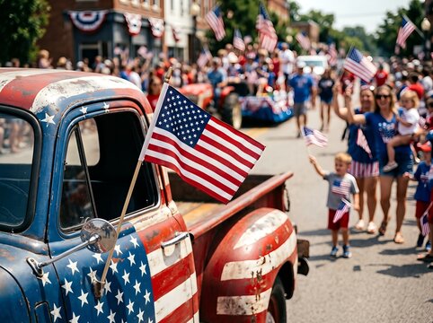 A festive parade featuring American flags and a vintage truck painted with stars and stripes.