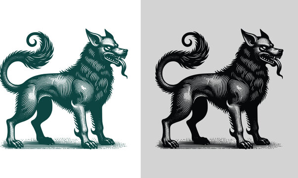 Vintage Hellhound and Dark Fantasy Wolf Engraving Vector Illustration