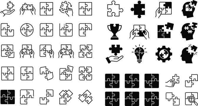 Vector puzzle line and solid icon set featuring jigsaw pieces, hands assembling problems, strategic solution concepts, and mental psychology brain development symbols