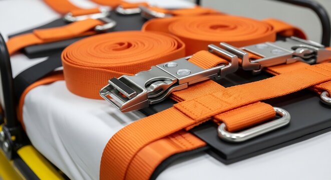 Bright Orange Tie Down Straps Secured with Metal Buckles on Hard Equipment Case