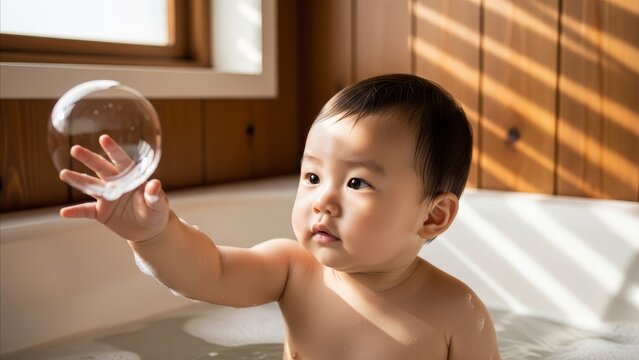 Baby - Curious Asian Infant Playing With Soap Bubble During Bath Time in Warm Wooden Bathroom