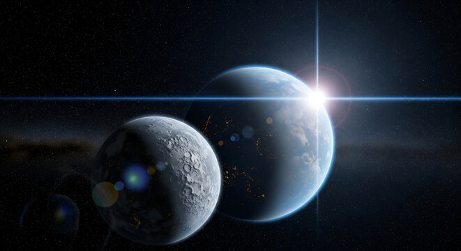 Epic cosmic twin planets rising over a surreal alien horizon bathed in golden cosmic light and swirling nebula clouds