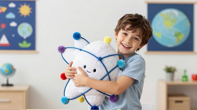 Happy Boy Holding Atom Plush Toy in Classroom