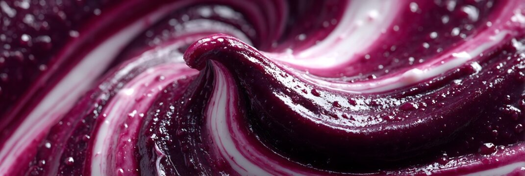 Creamy berry yogurt swirl with deep purple fruit puree and smooth white dairy texture blended together in a close up macro shot showing rich food patterns and curves