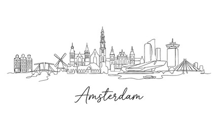 Obraz premium Minimalist Line Drawing of Amsterdam City Skyline Featuring Iconic Architecture and Landmarks Illustrating Amsterdam's Urban