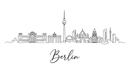 Fototapeta premium Stylized Berlin cityscape line art with iconic architecture and skyline description
