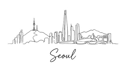 Naklejka premium Minimalist Line Art Depiction of Seoul's Skyline Highlighting Iconic Urban Landmarks and Tower Structures