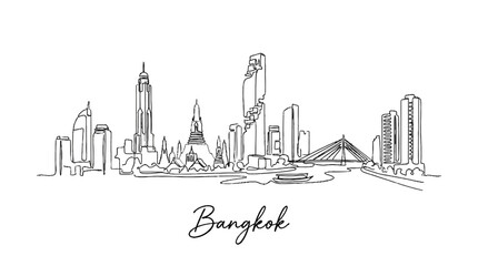 Obraz premium Minimalist Line Drawing of Bangkok Skyline Featuring Iconic Buildings and Cityscape