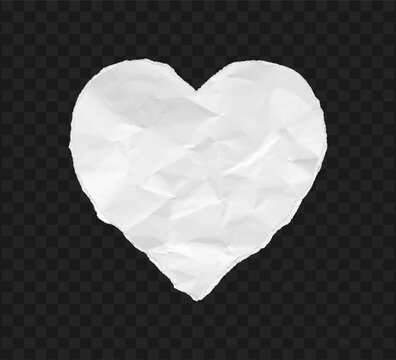 Heart torn out of crumpled paper. Heart shape made by crumpled white paper texture with realistic textured edges. Isolated on transparent background. Vector.