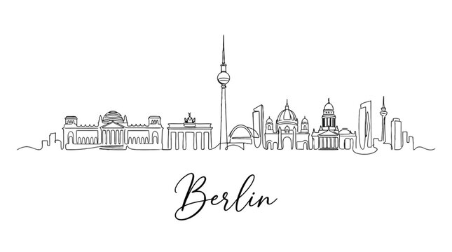 Stylized Berlin cityscape line art with iconic architecture and skyline description