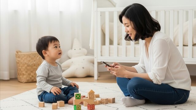 Parenting - Asian Mother Sitting on Floor Using Smartphone While Toddler Boy Plays with Alphabet Blocks in Nursery Room
